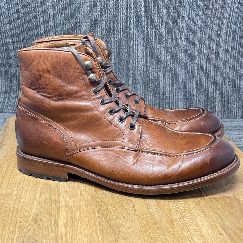 Frye Bowery Boots Mens 11.5 D Brown Leather Burnished Toe Lace Up Spain 3480828